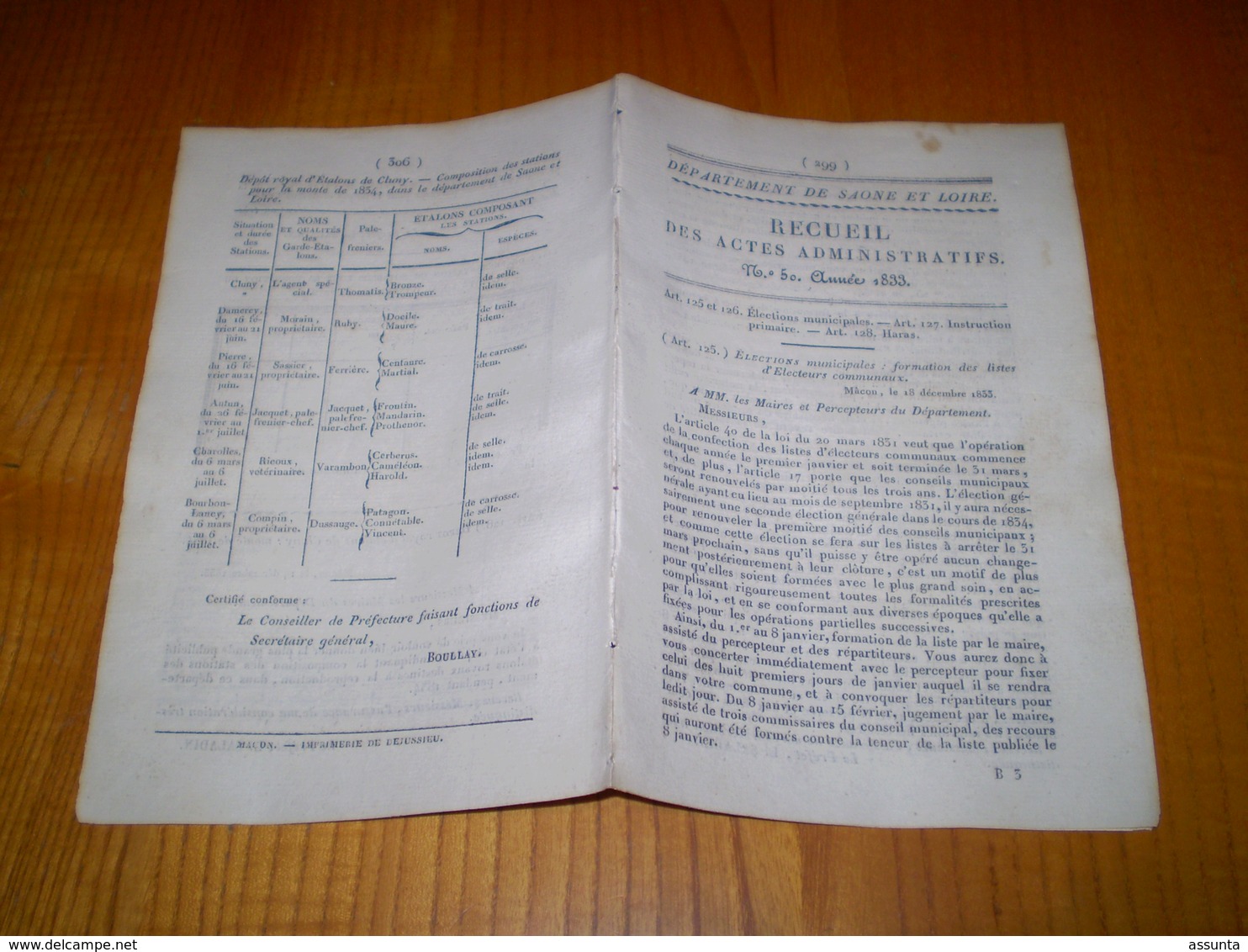 Mâcon 1833:Dépôt Royal D'étalons De Cluny.Instruction Primaire,comité De Surveillance D'instituteurs.Elections Municipal - Documents Historiques