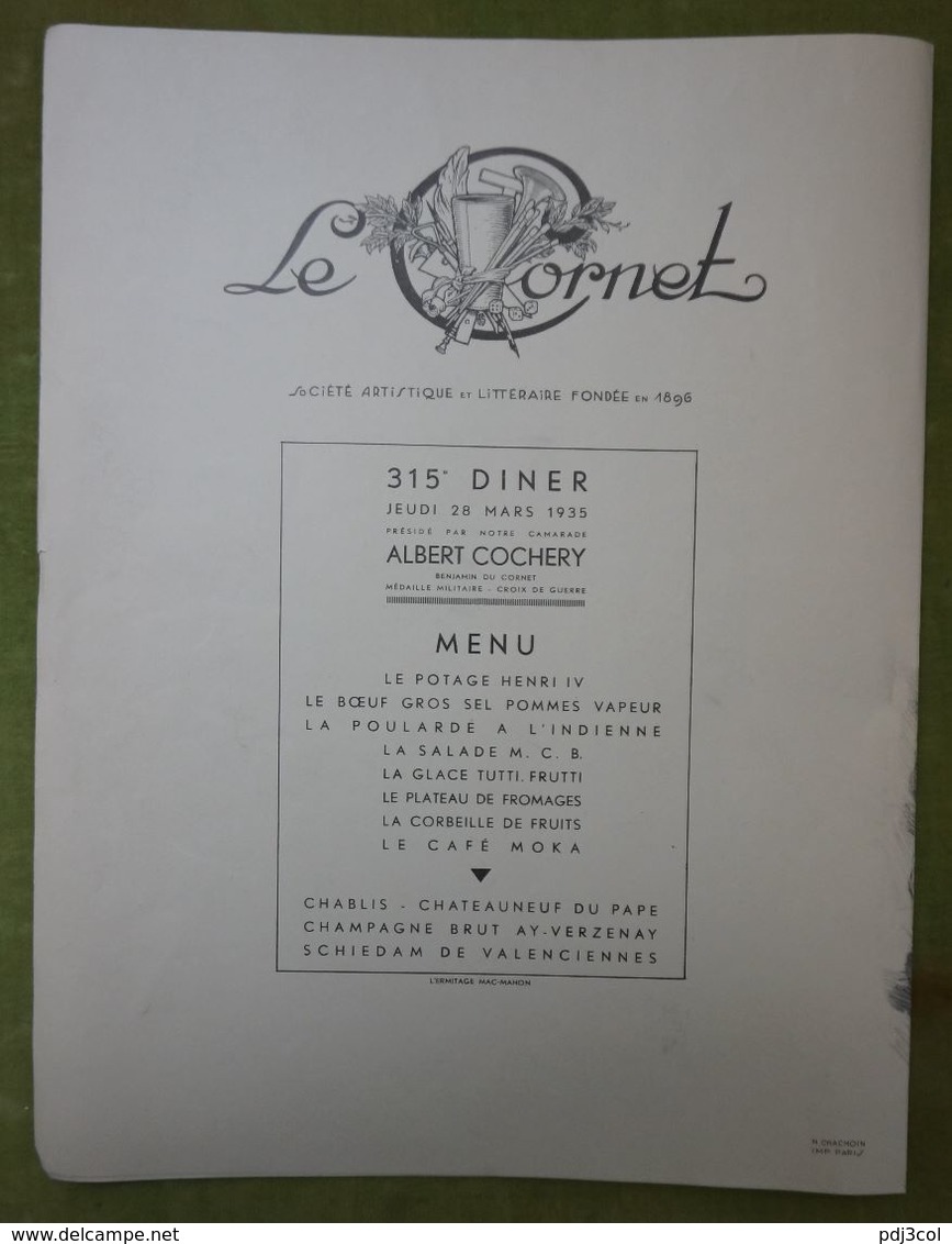 Grand Menu-315e Diner-Le Cornet -28 Mars 1935 Présidé Par Cochery-Belle Illustration De Jonas - Femmes Nues - Menus