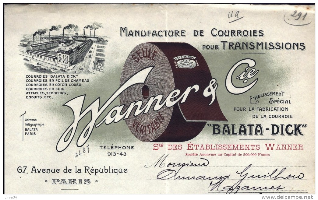 FACTURE OU LETTRE ANCIENNE DE PARIS- 1913- MANUFACTURE DE COURROIES- BELLE ILLUSTRATION BICOLORE- 2 SCANS- - Autres & Non Classés