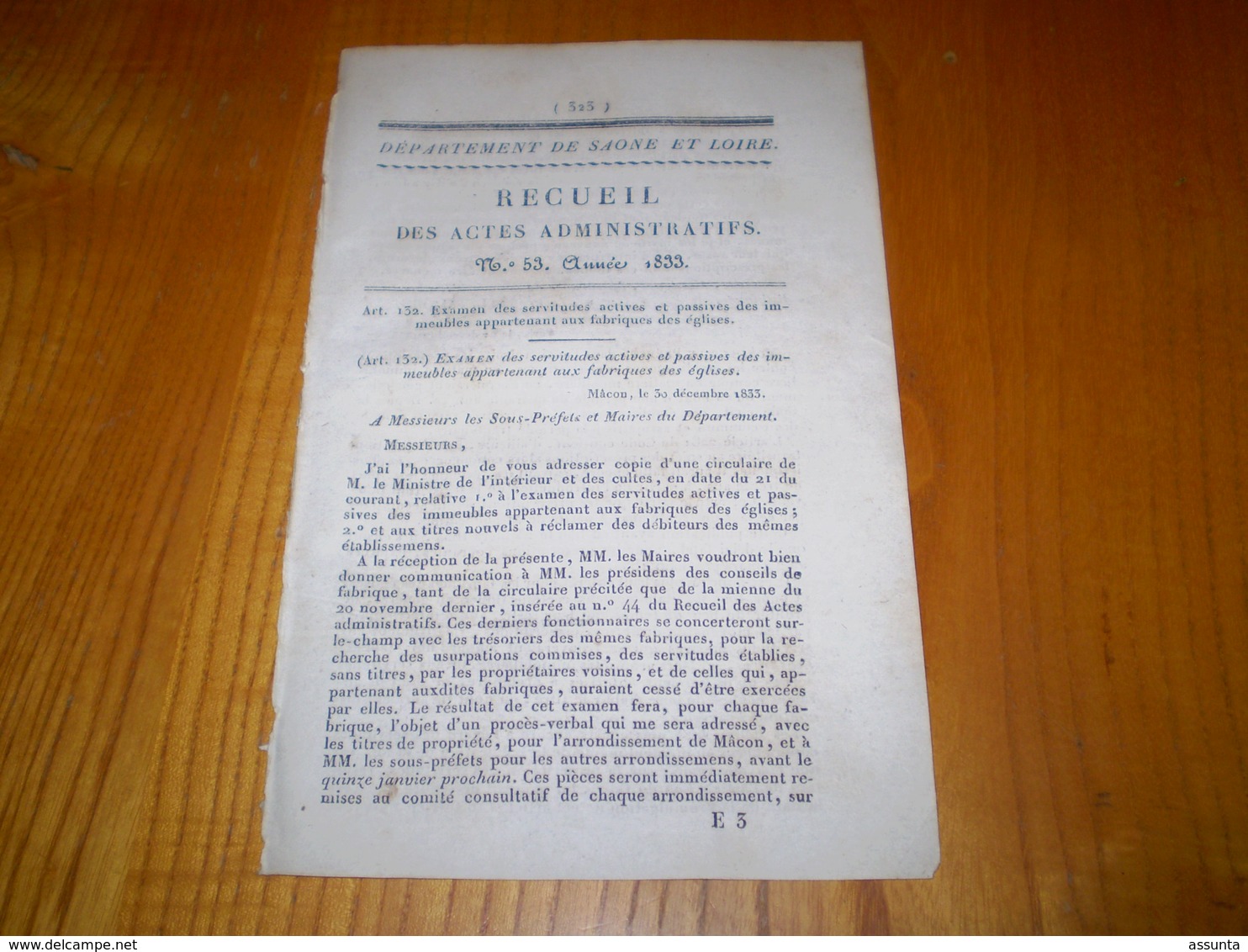 Mâcon 1833:Servitudes Actives & Passives Des Immeubles Appartenant Aux Fabriques Des églises - Documents Historiques