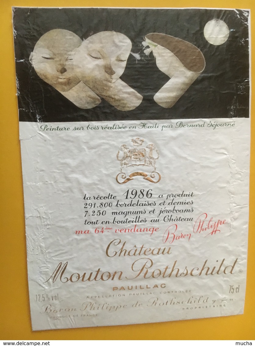 6909 - Château  Mouton Rothschild 1986 Pauillac Artiste Bernard Séjourné étiquette Collée Sur Papier - Bordeaux