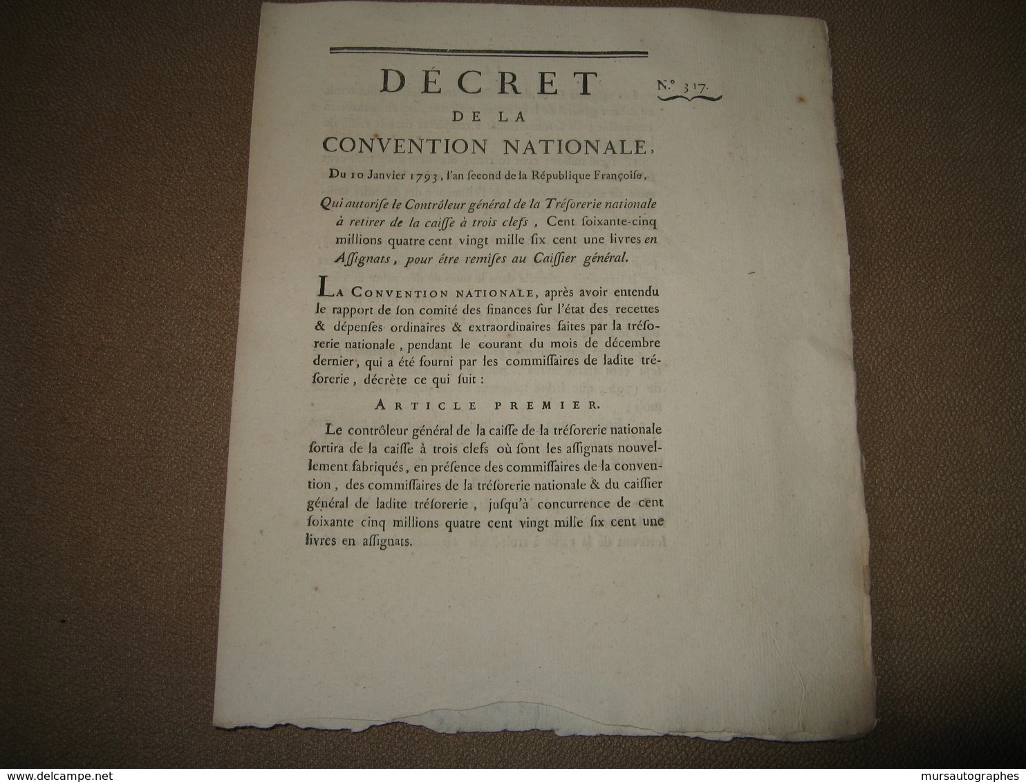 DECRET CONVENTION NATIONALE ASSIGNATS 3 CLES 165 MILLIONS CAISSIER GENERAL 1793 - ...-1889 Anciens Francs Circulés Au XIXème