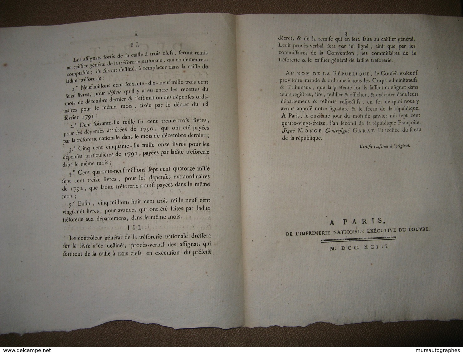 DECRET CONVENTION NATIONALE ASSIGNATS 3 CLES 165 MILLIONS CAISSIER GENERAL 1793 - ...-1889 Anciens Francs Circulés Au XIXème