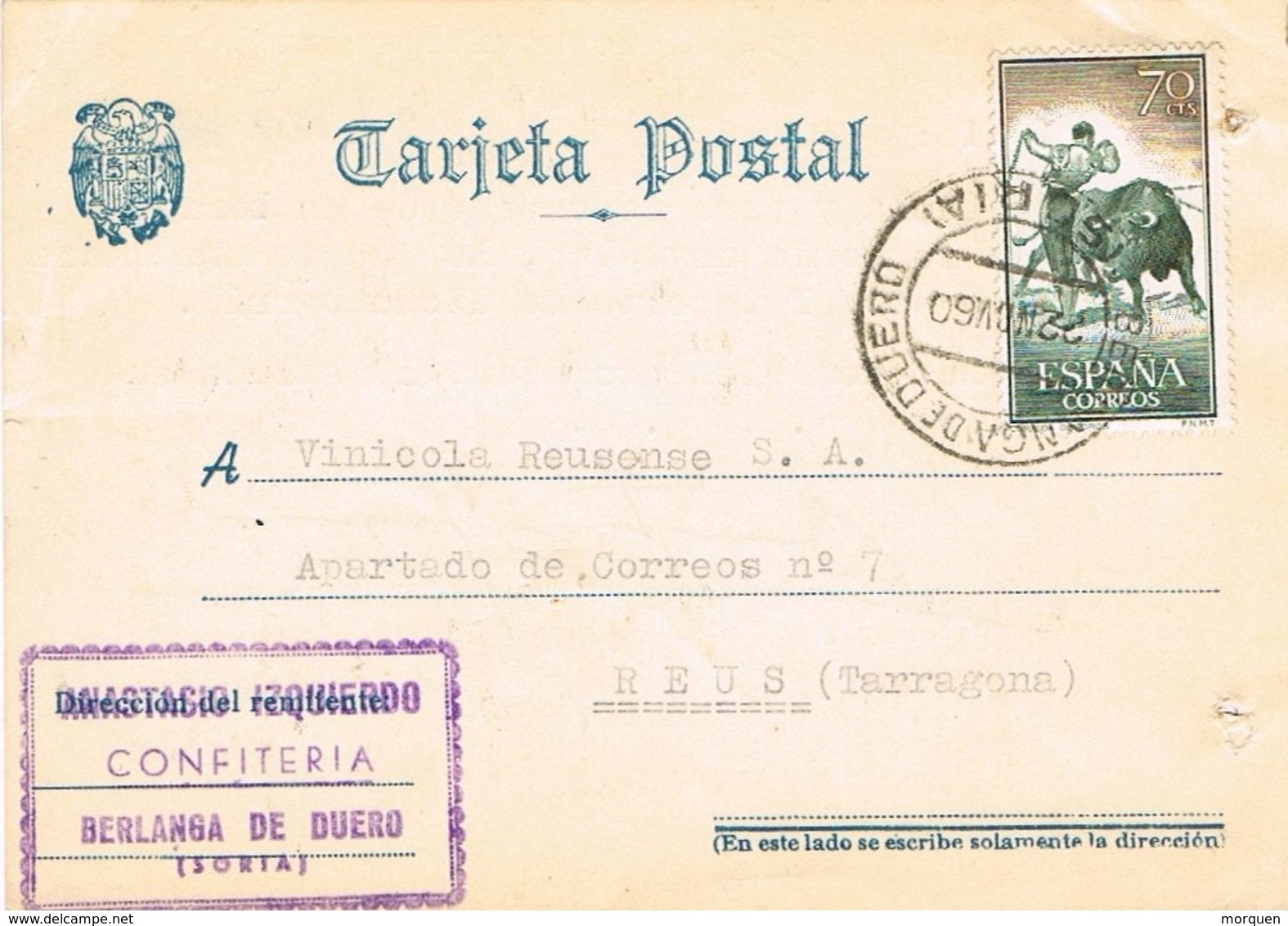 27577. Tarjeta BERLANGA De DUERO (Soria) 1960. Comercial Confiteria Izquierdo - Briefe U. Dokumente