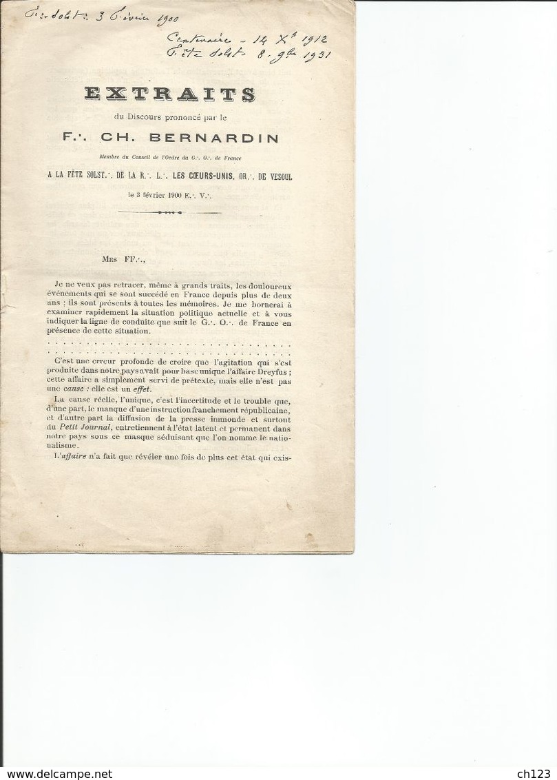 2 Documents FRANC -MACONNERIE 1883 Et 1900 - CH BERNARDIN - Documents Historiques