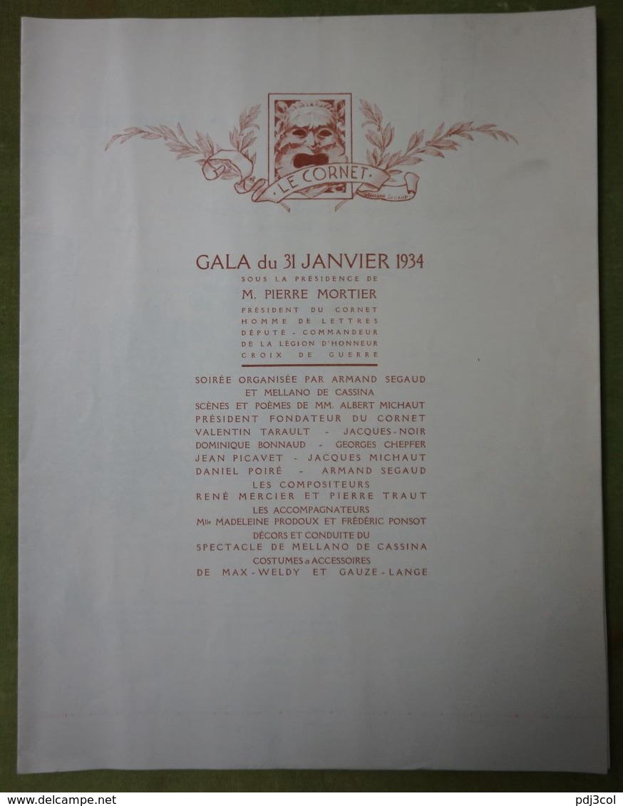 Grand Menu-Le Cornet - Gala Du 31 Janvier 1934 - Petites Illustrations De Armand Segaud - Menus