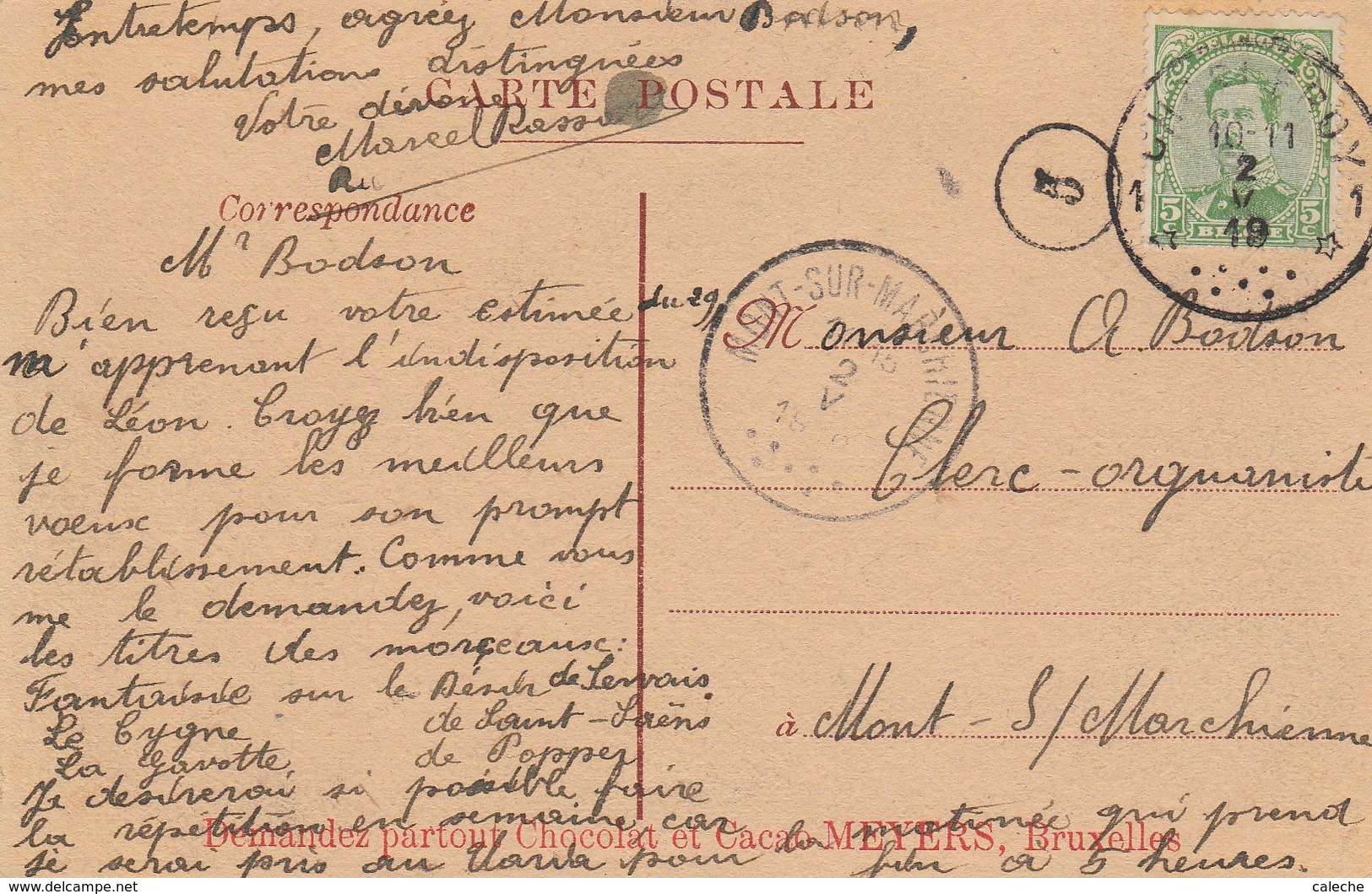Obl étoiles Charleroy 1 Vers Mr Bodson  Clerc Organiste De Mont S/Marchienne /CP Publicitaire Cocolat Meyers Bruxelles - Fortune (1919)