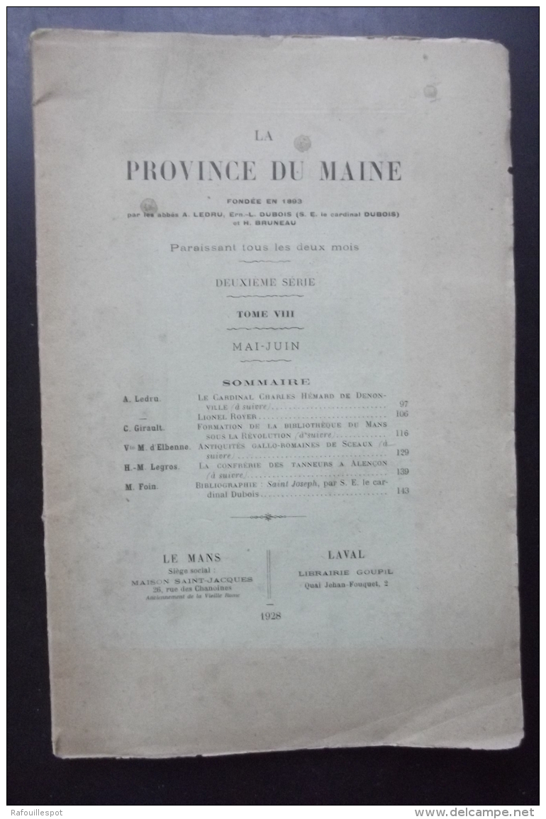 La Province Du Mainefondee En 1893 Par Les Abbés Ledru Dubois Bruneau 1928 - Documents Historiques