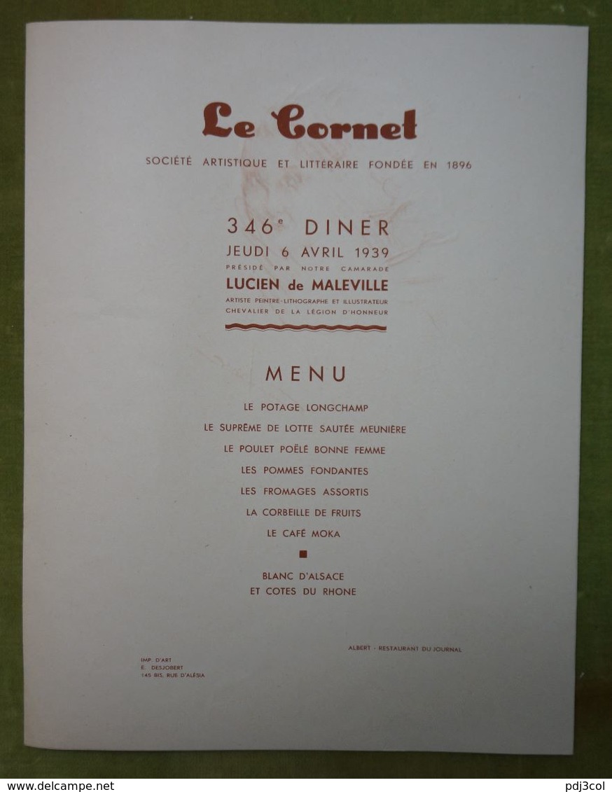 Grand Menu-346e Diner-Le Cornet -6 Avril 1939 Présidé Par M. De Maleville-Belle Illustration De Millière - Femme Nue - Menus