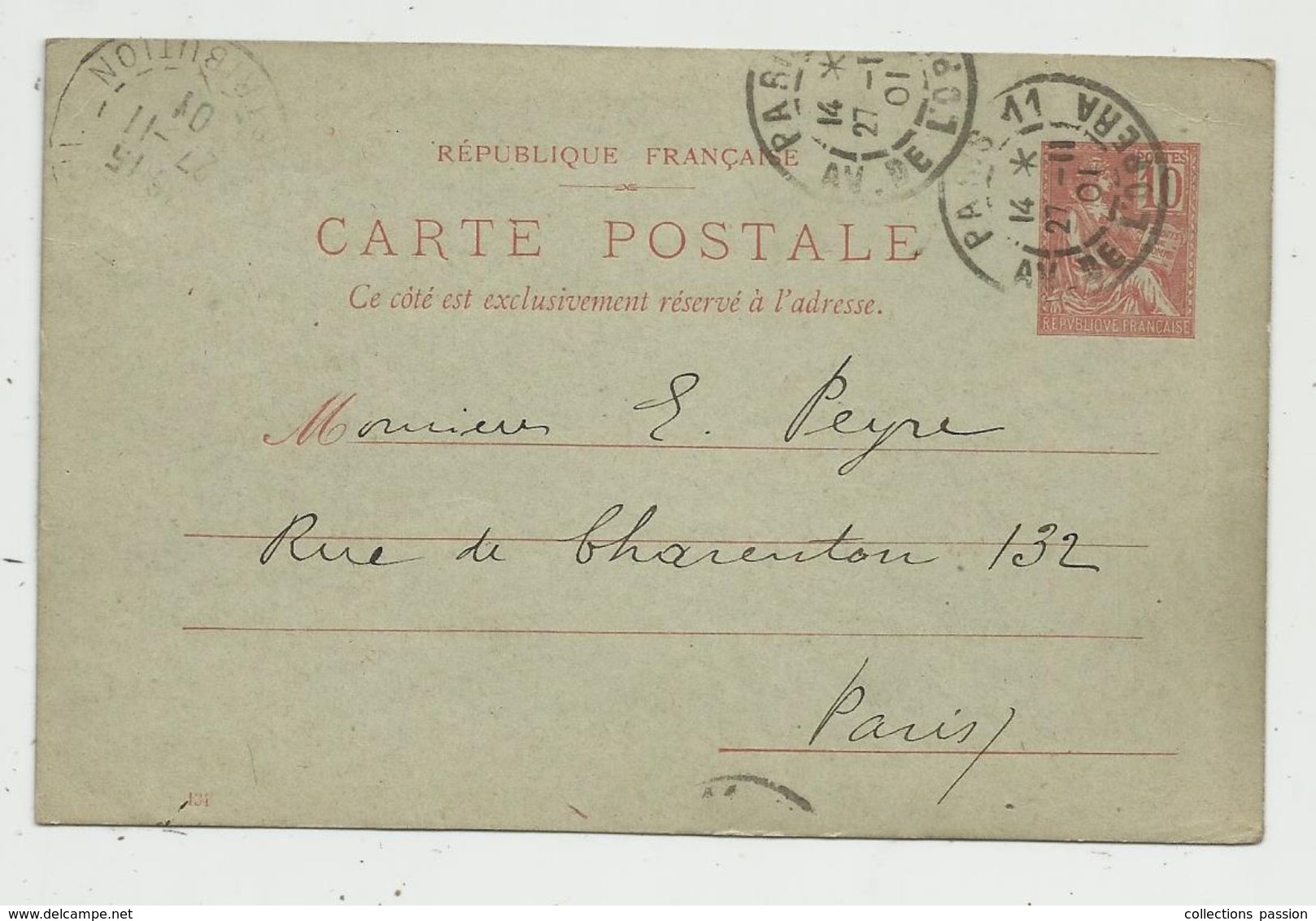 Sur Carte Postale , ENTIER POSTAL, 10, 1901 , PARIS 11 , AV. DE L'OPERA - Cartes Postales Types Et TSC (avant 1995)