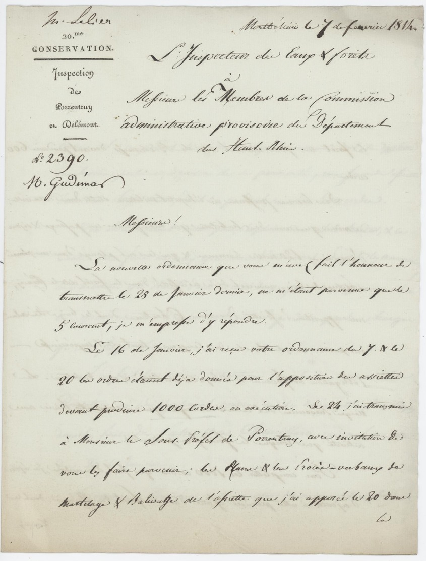 Montbéliard 1814 Inspection Des Eaux Et Forêts De Porrentruy à Delémont - Documents Historiques