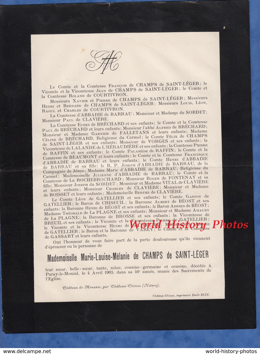 Document De 1903 - Château De MOUASSE Par CHATEAU CHINON ( Nièvre ) - Marie Louise Mélanie De CHAMPS De SAINT LEGER - Documents Historiques