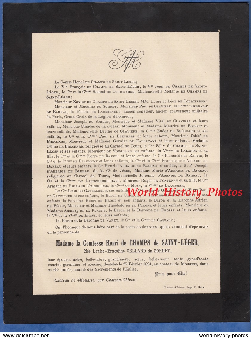 Document De 1894- Château De MOUASSE ( Nièvre ) Comtesse Henri CHAMPS De SAINT LEGER  Louise Ernestine CELLARD Du SORDET - Documents Historiques