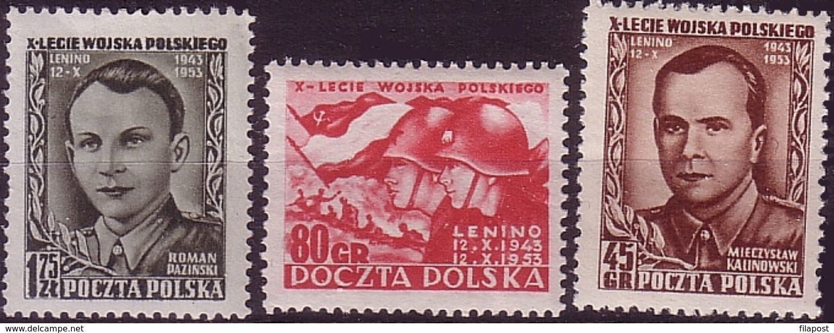 1953 Poland, Mi 818 - 820, WW II, Soldier, Military Flag, Battle Of Lenino, 10 Years Of The Polish Army. Pazinski MNH** - Unused Stamps