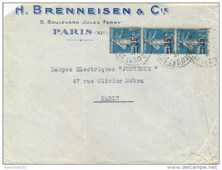 France 1927 Commercial Cover With 3 X 25/30 C. Semeuse Overprinted - Storia Postale