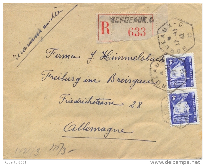 France 1942 German Occupation Registered Cover From Bordeaux To Germany With 2 X 4 F. Petain + Military Censorship - Storia Postale