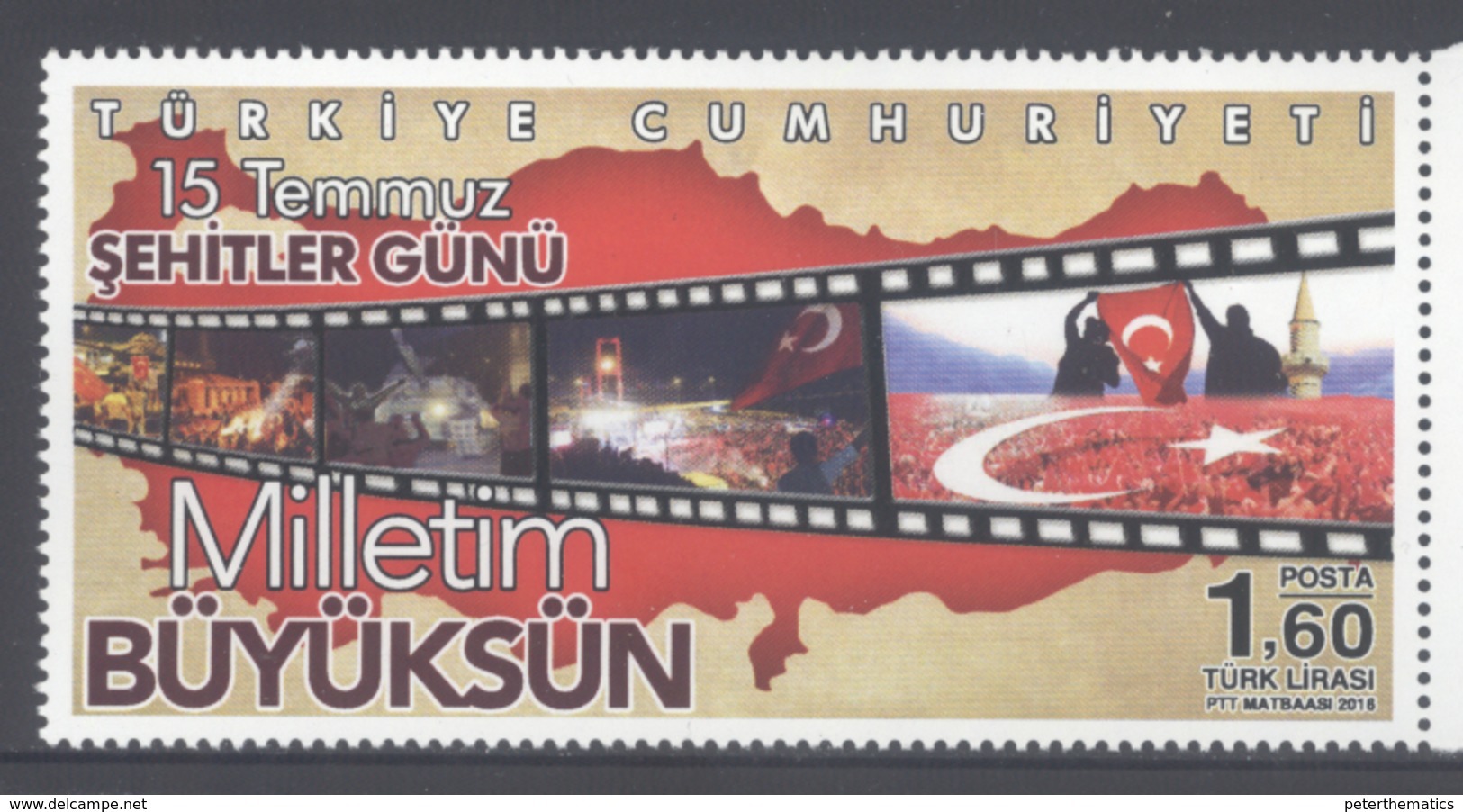 TURKEY, 2016, MNH,FLAGS, MARTYRS' DAY, JULY 15TH, FAILED JULY COUP, 1v - Sellos