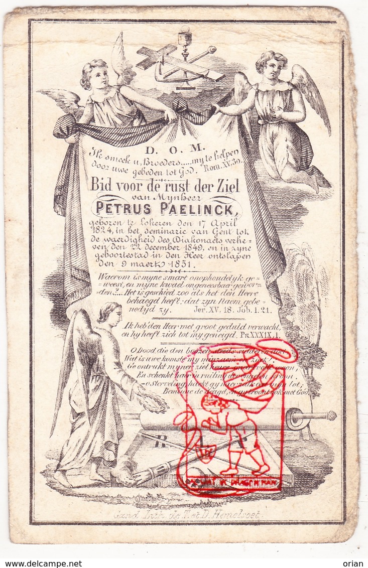 DP Diaconaat - Petrus Paelinck 26j. ° Lokeren 1824 † 1851 / Seminarie Gent / Litho Hemelsoet - Images Religieuses