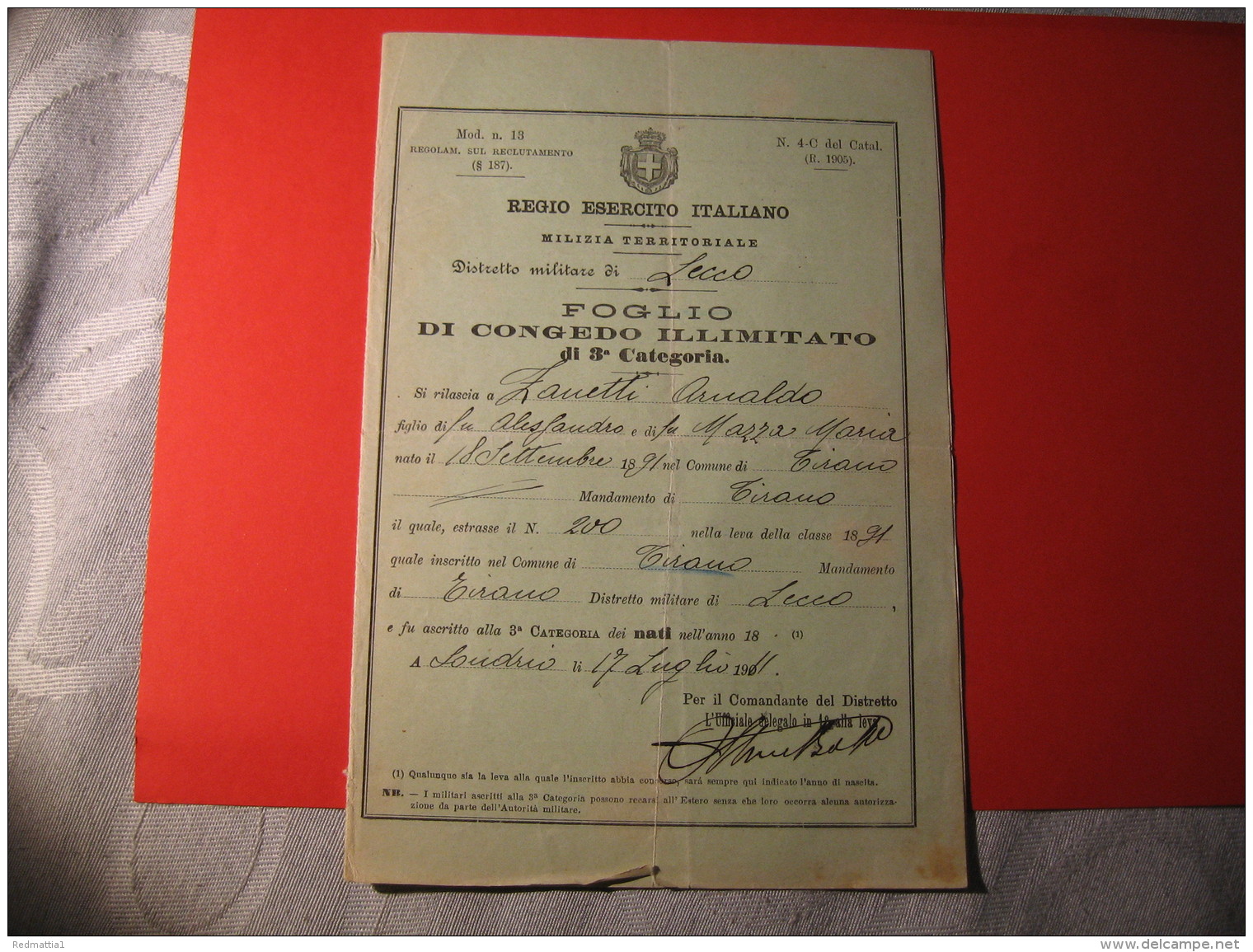 FOLGIO PROVVISORIO DI CONGEDO ILLIMITATO REGIO ESERCITO ITALIANO 1911 - Documenti