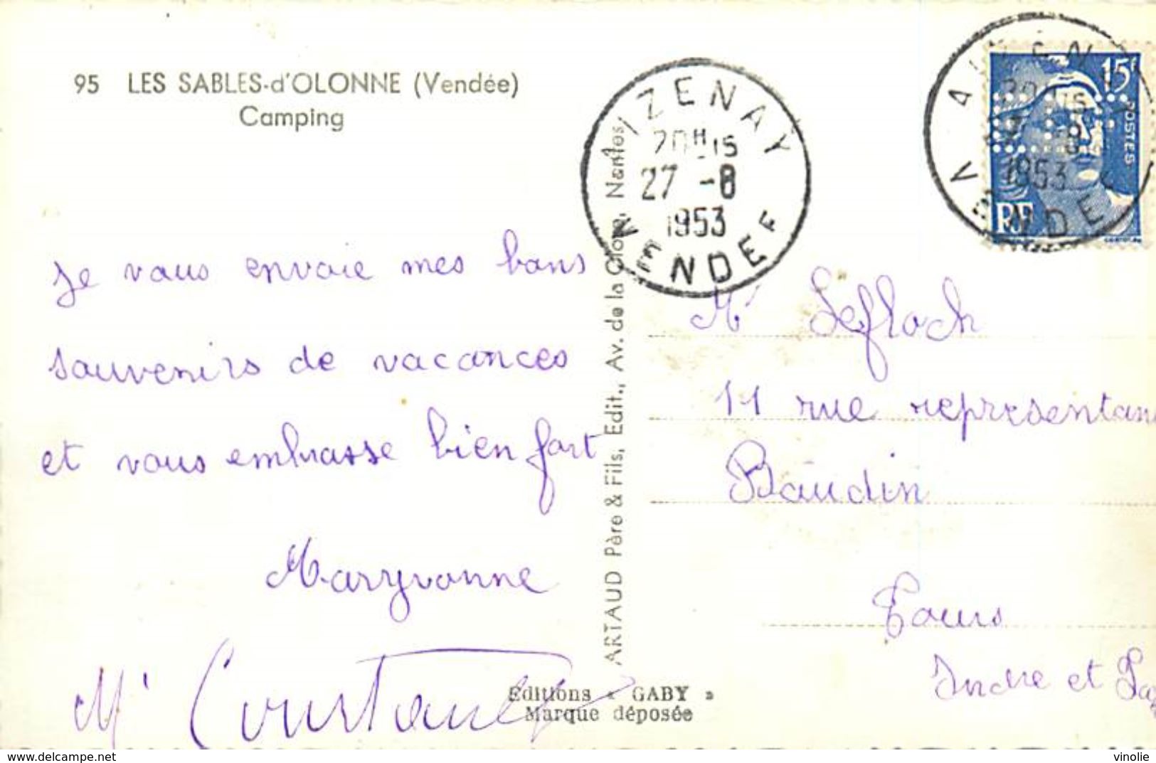 P-18-T-276 : TIMBRE PERFORE EDF. CACHET POSTAL AIZENAY. CARTE POSTALE CAMPING LES SABLES D'OLONNE. VENDEE. - Other & Unclassified