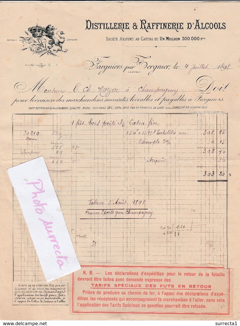 Facture Double 1898 / LA COURONNE / Distillerie Raffinerie Alcool / 02 Fargniers Par Tergnier / Aisne - Autres & Non Classés