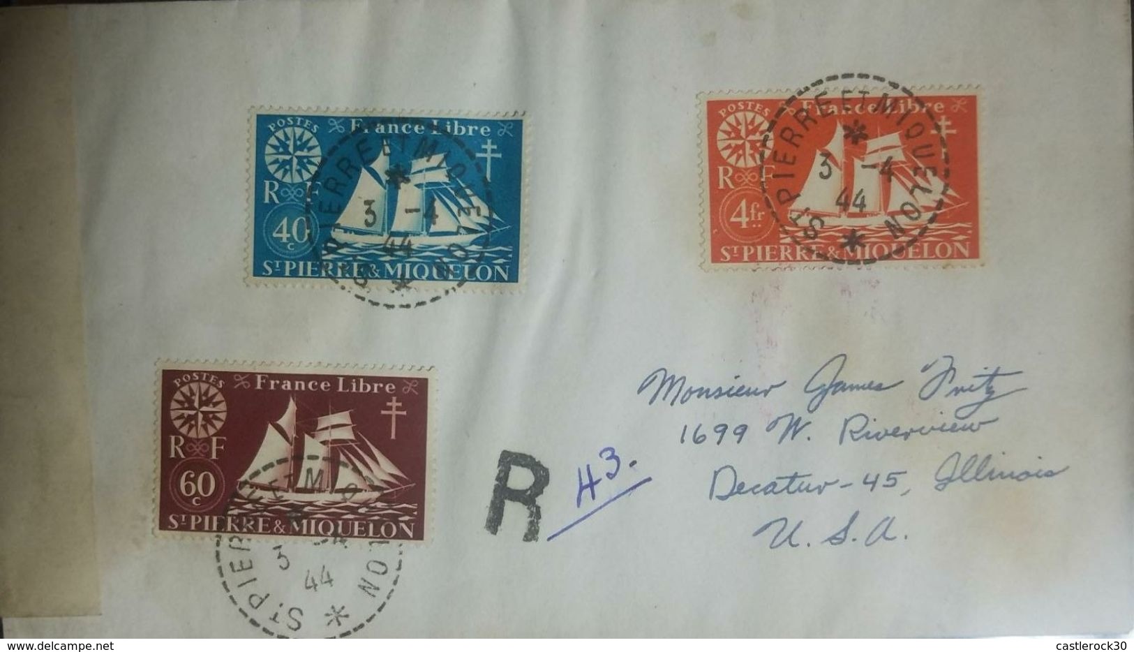 L) 1944 ST PIERRE & MIQUELON , FREE FRANCE, BLUE, BOAT, 40C, ORANGE, 4FR, RED WINE, 60C, CIRCULATED COVER FROM ST PIERRE - Covers & Documents