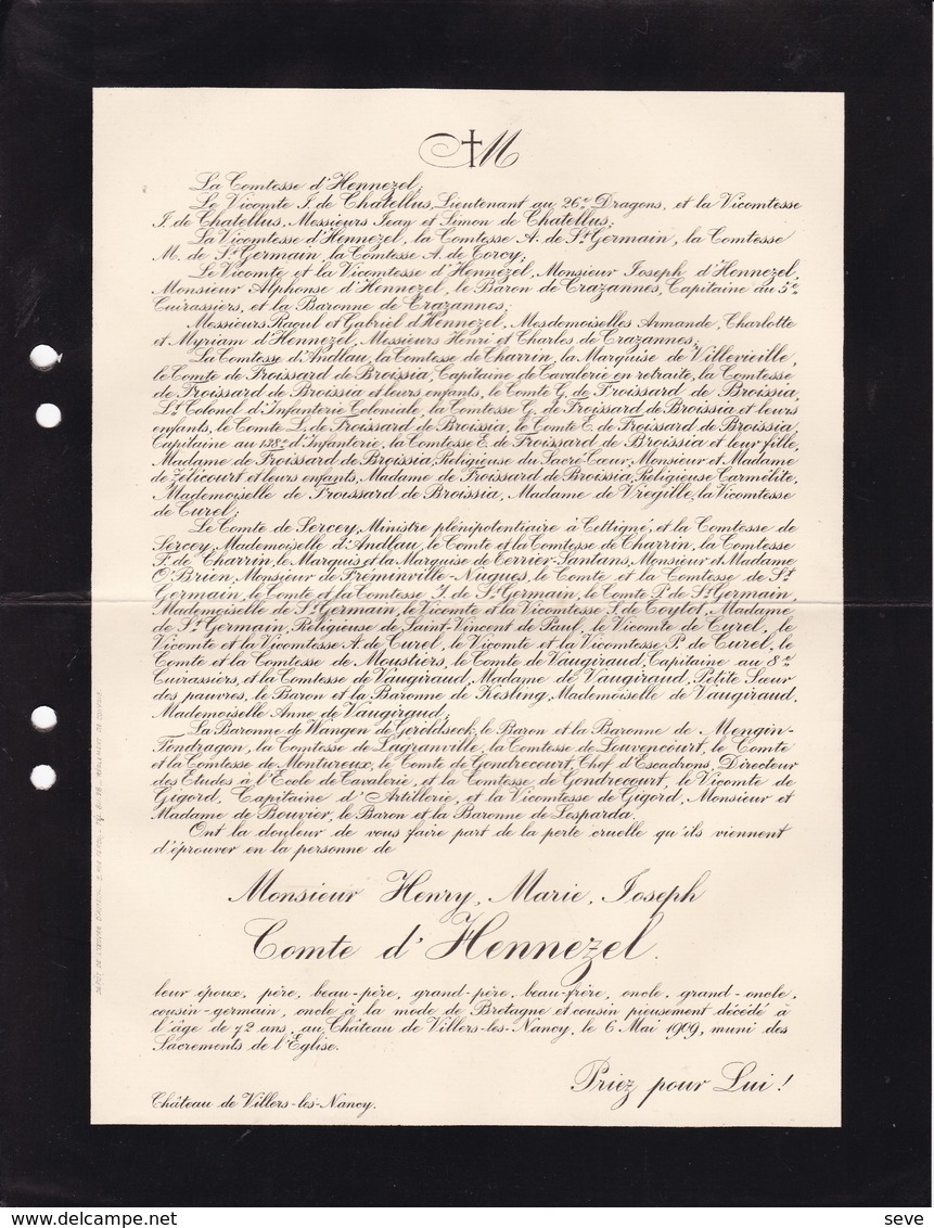 Château De VILLERS-LEZ-NANCY Henry Comte D'HENNEZEL 72 Ans 1909 Faire-part Mortuaire - Décès