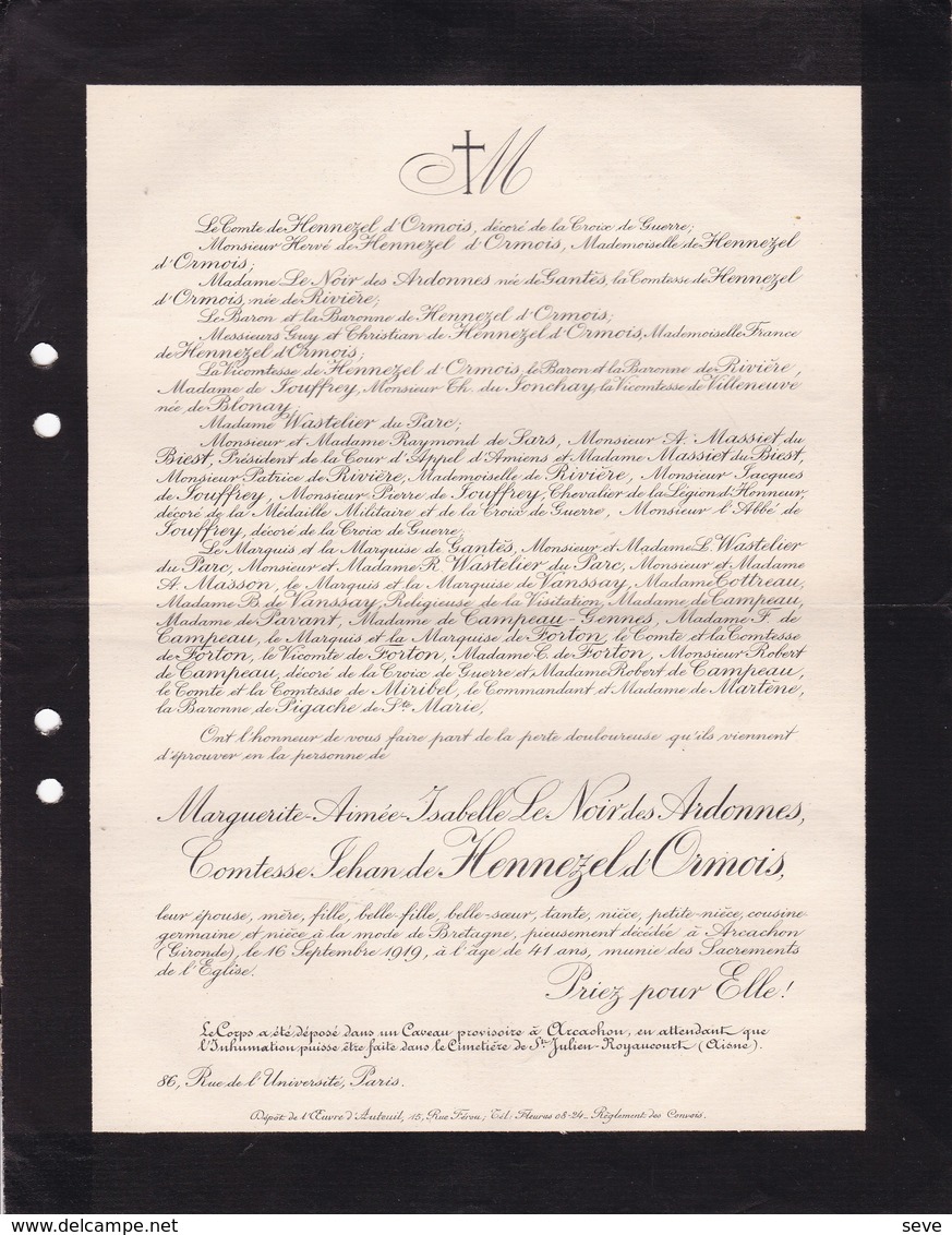 ARCACHON St-Julien-ROYANCOURT Marguerite Le NOIR Des ARDONNES Comtesse D'HENNEZEL D'ORMOIS 41 Ans 1919 - Décès