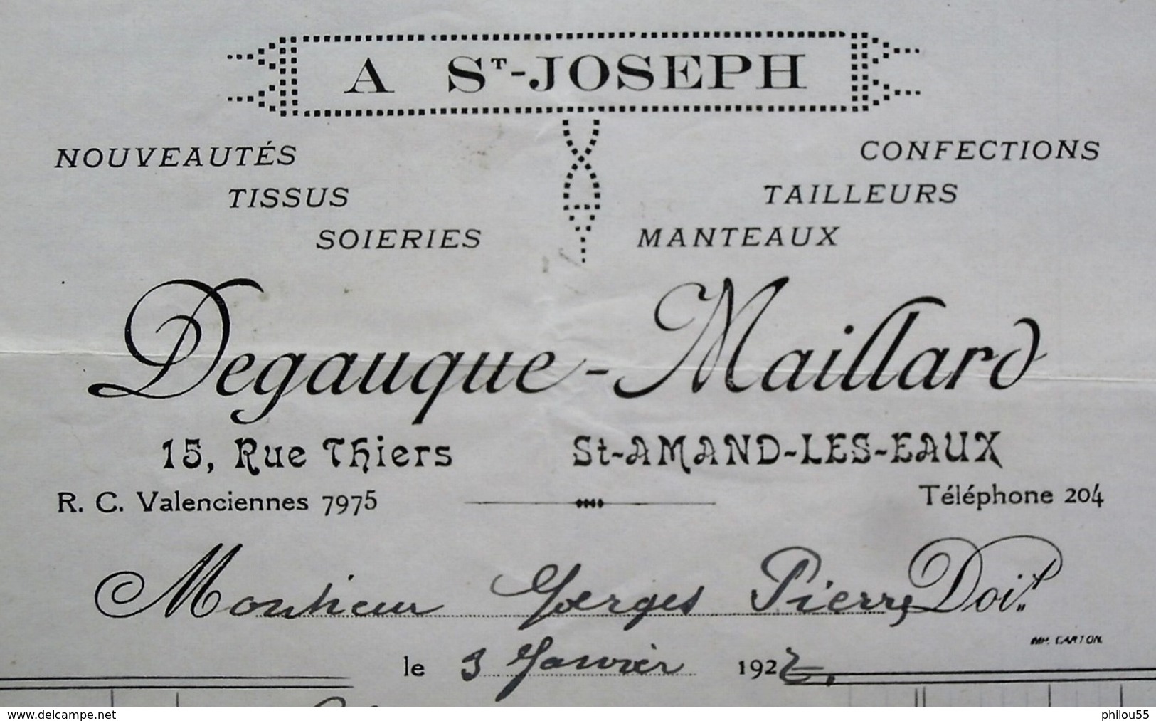 59 SAINT AMAND LES EAUX  Degauque Maillard A ST JOSEPH, Timbres Fiscaux - 1900 – 1949