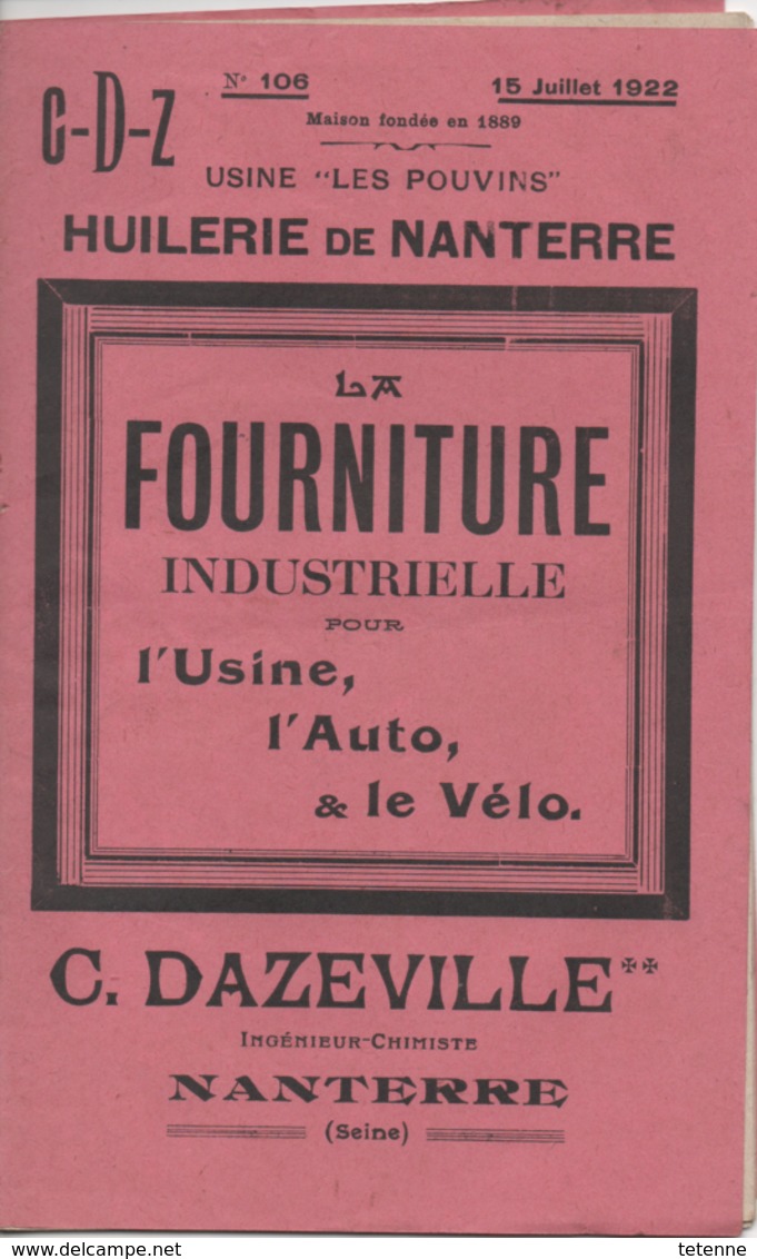 Catalogue Huilerie De Nanterre Fourniture Industrielle Usine Auto Vélo C Dazeville Peinture Vernis Extincteur Ect...1922 - Advertising