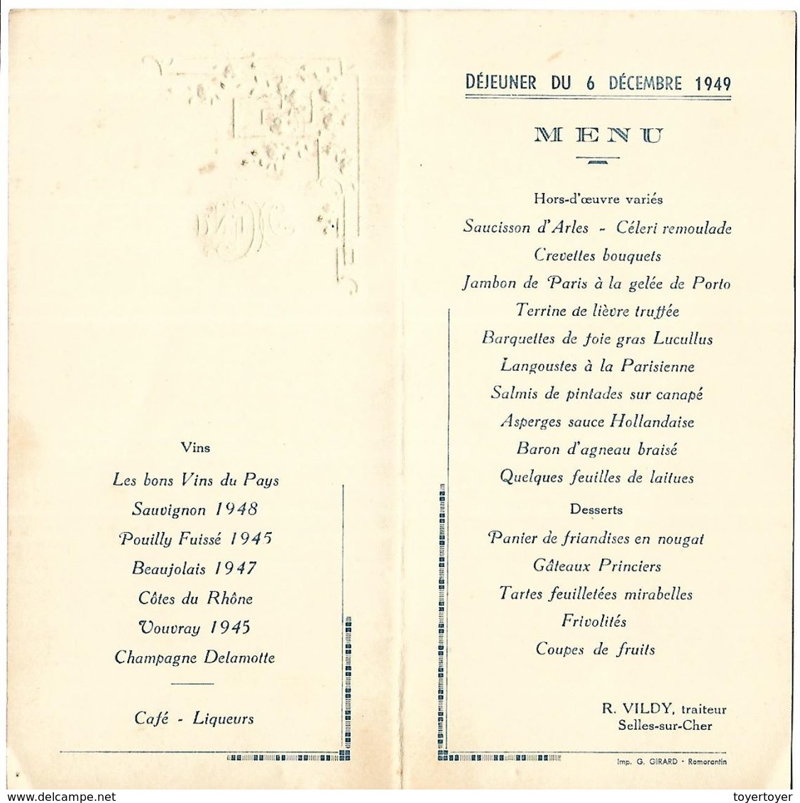 M 56 D353  Menu Du Déjeuner Du 6-12-49 - Menus