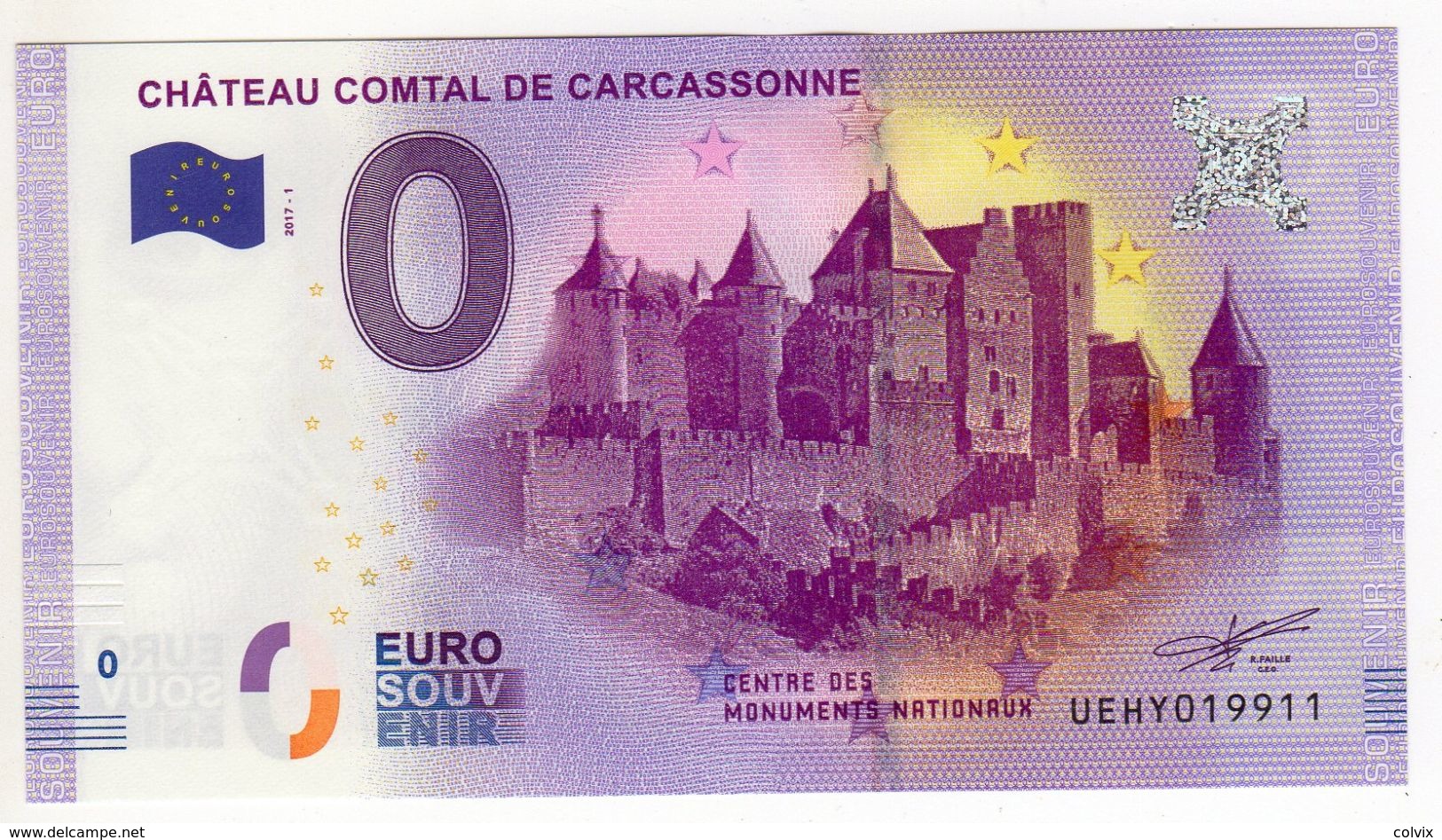 2017-1 BILLET TOURISTIQUE 0 EURO SOUVENIR N°UEHY019911 CHATEAU COMTAL DE CARCASSONNE - Essais Privés / Non-officiels