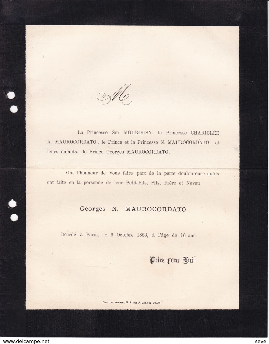 PARIS Georges N. MAUROCORDATO 16 Ans 1883 Familles Princesse MOUROUSY CHARICLEE - Décès