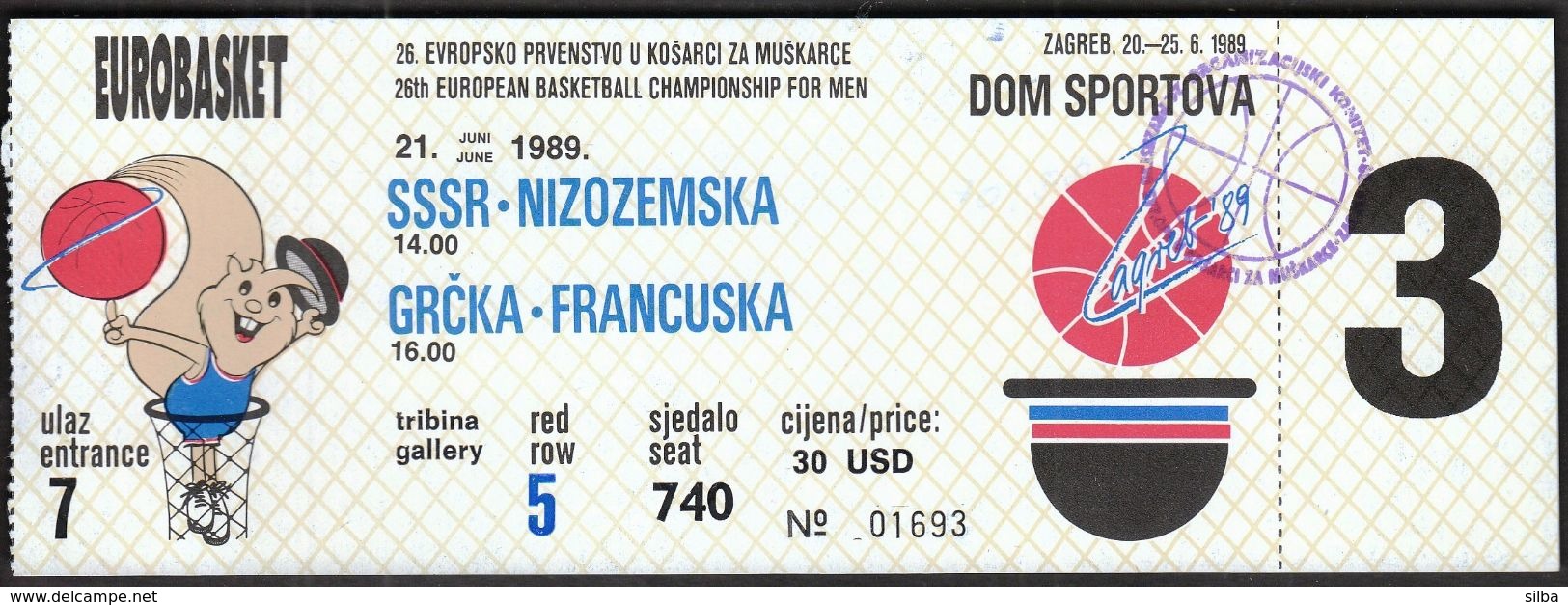 Yugoslavia Croatia Zagreb 1989 / FIBA 26th European Basketball Championship Men / EUROBASKET / Ticket - Tickets - Vouchers