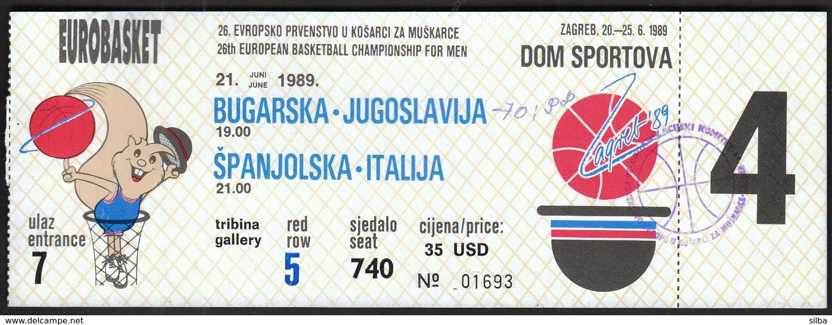 Yugoslavia Croatia Zagreb 1989 / FIBA 26th European Basketball Championship Men / EUROBASKET / Ticket - Tickets - Vouchers