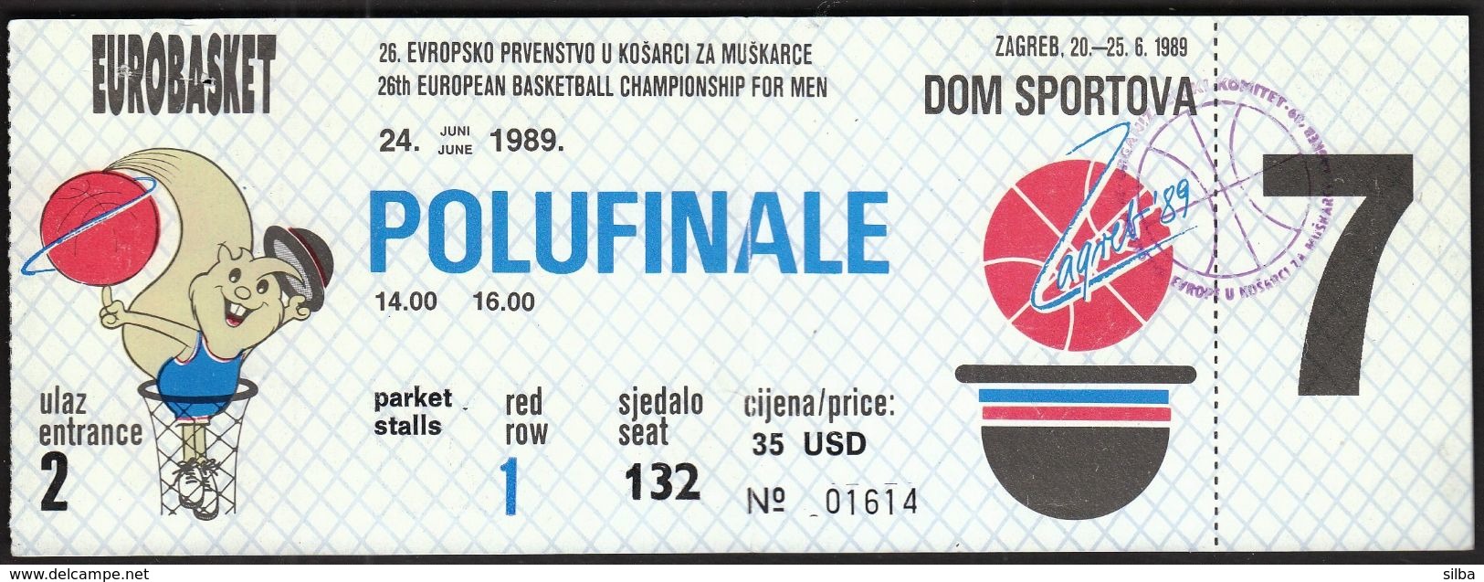 Yugoslavia Croatia Zagreb 1989 / FIBA 26th European Basketball Championship Men / EUROBASKET / Ticket