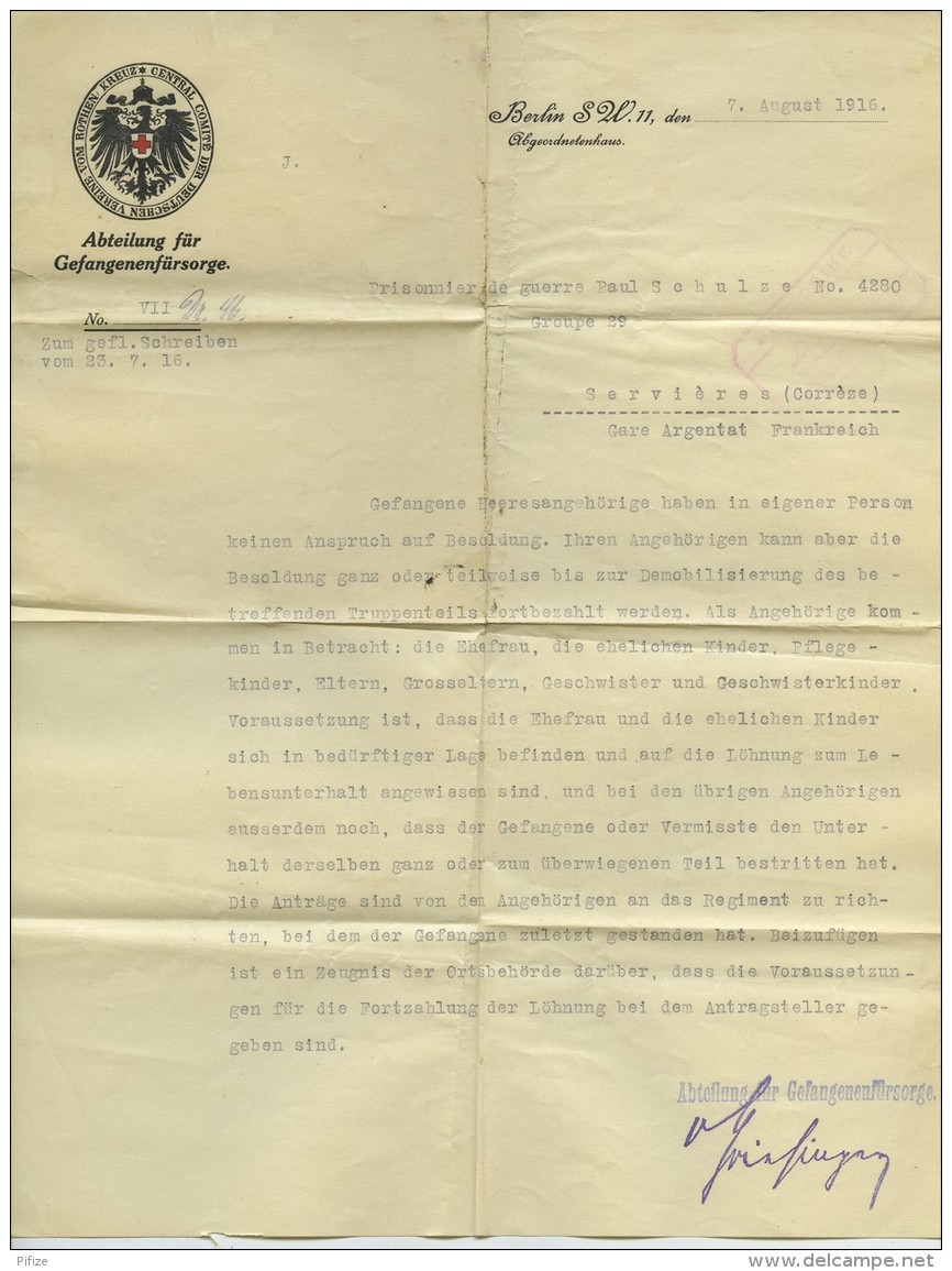 Lettre De La Croix-Rouge De Berlin Pour Prisonnier De Guerre à Servières (Corrèze). 1916 . - Documents