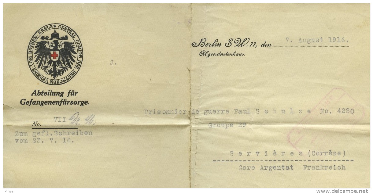 Lettre De La Croix-Rouge De Berlin Pour Prisonnier De Guerre à Servières (Corrèze). 1916 . - Documents