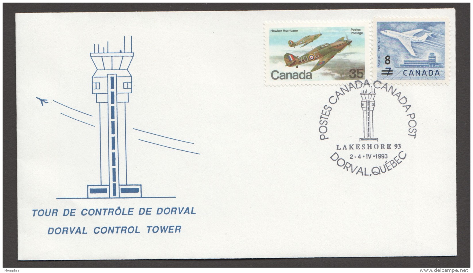 1993  Lakeshore 93 Commemorative Cover Temporary Cancel Showing Dorval Airport Control Tower - Cartas & Documentos