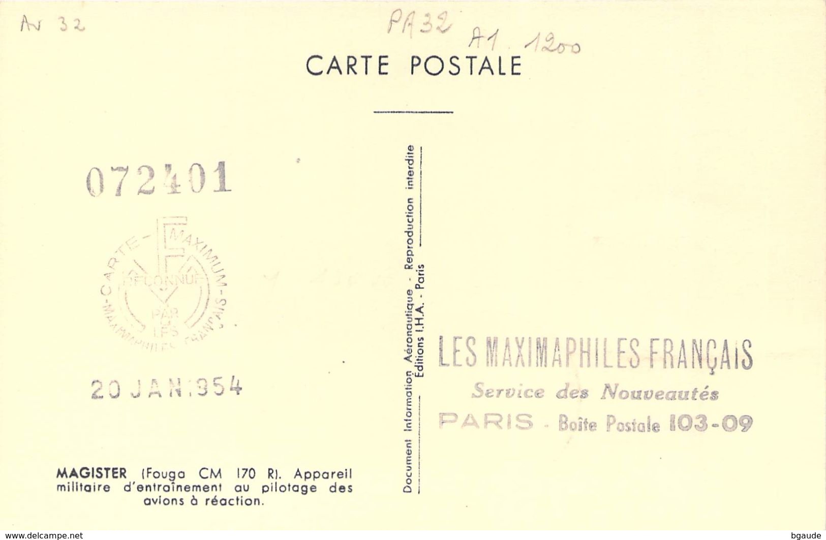 FRANCE CARTE MAXIMUM NUM.YVERT PA 32  AVION POSTE AERIENNE FOUGA MAGISTER - 1950-1959