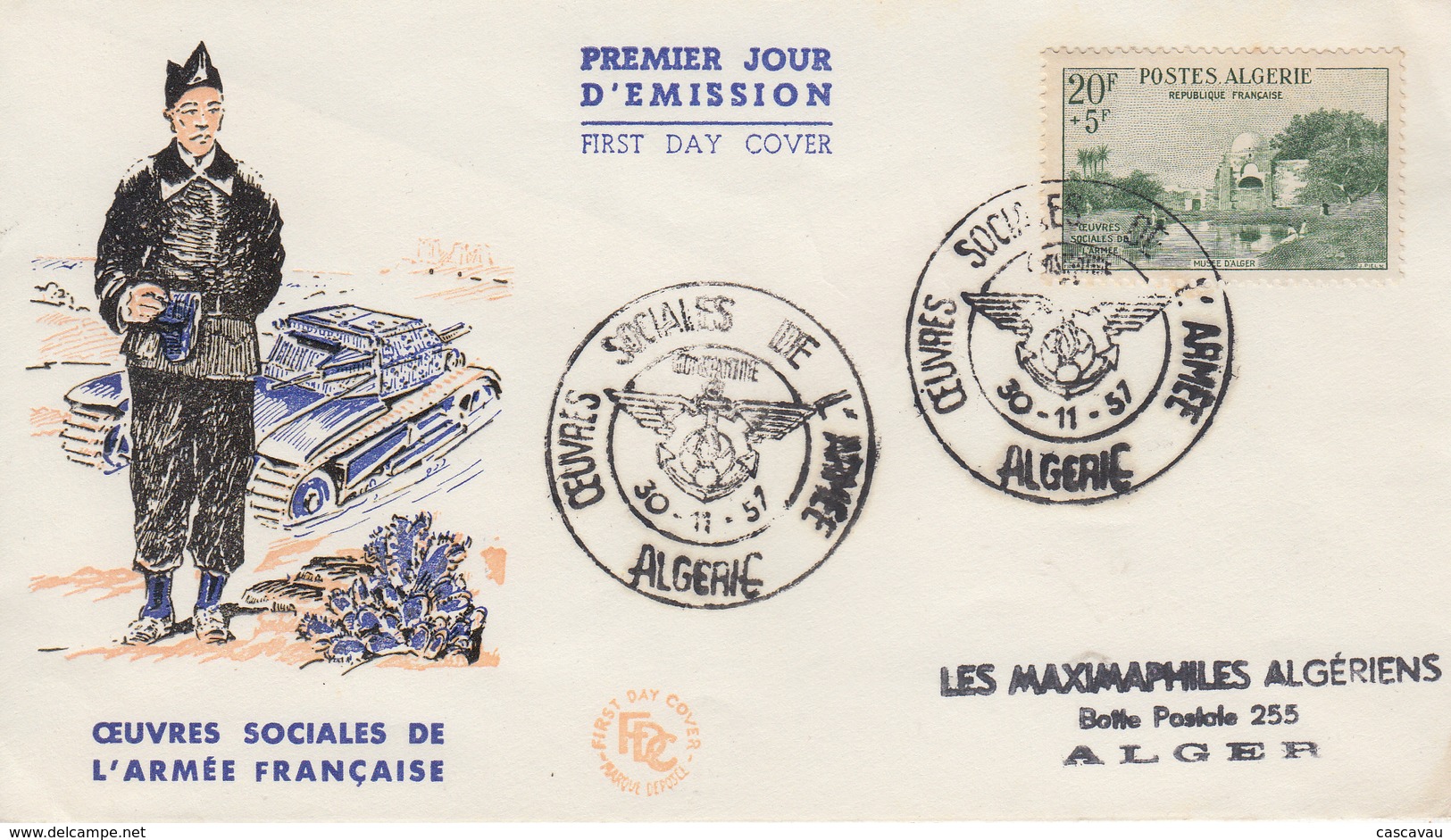 Enveloppe  FDC  1er  Jour  ALGERIE   Oeuvres  Sociales  De  L' Armée   1957 - FDC