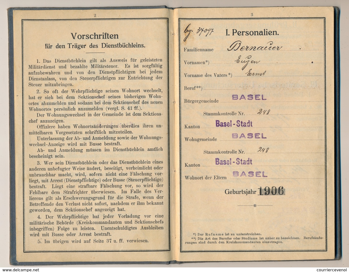 SUISSE - Livret Militaire (Diensbüchlein) 1926/27 Bâle - Mentions Taxe Militaire / Exemption Consul Marseille =>1954 - Documents