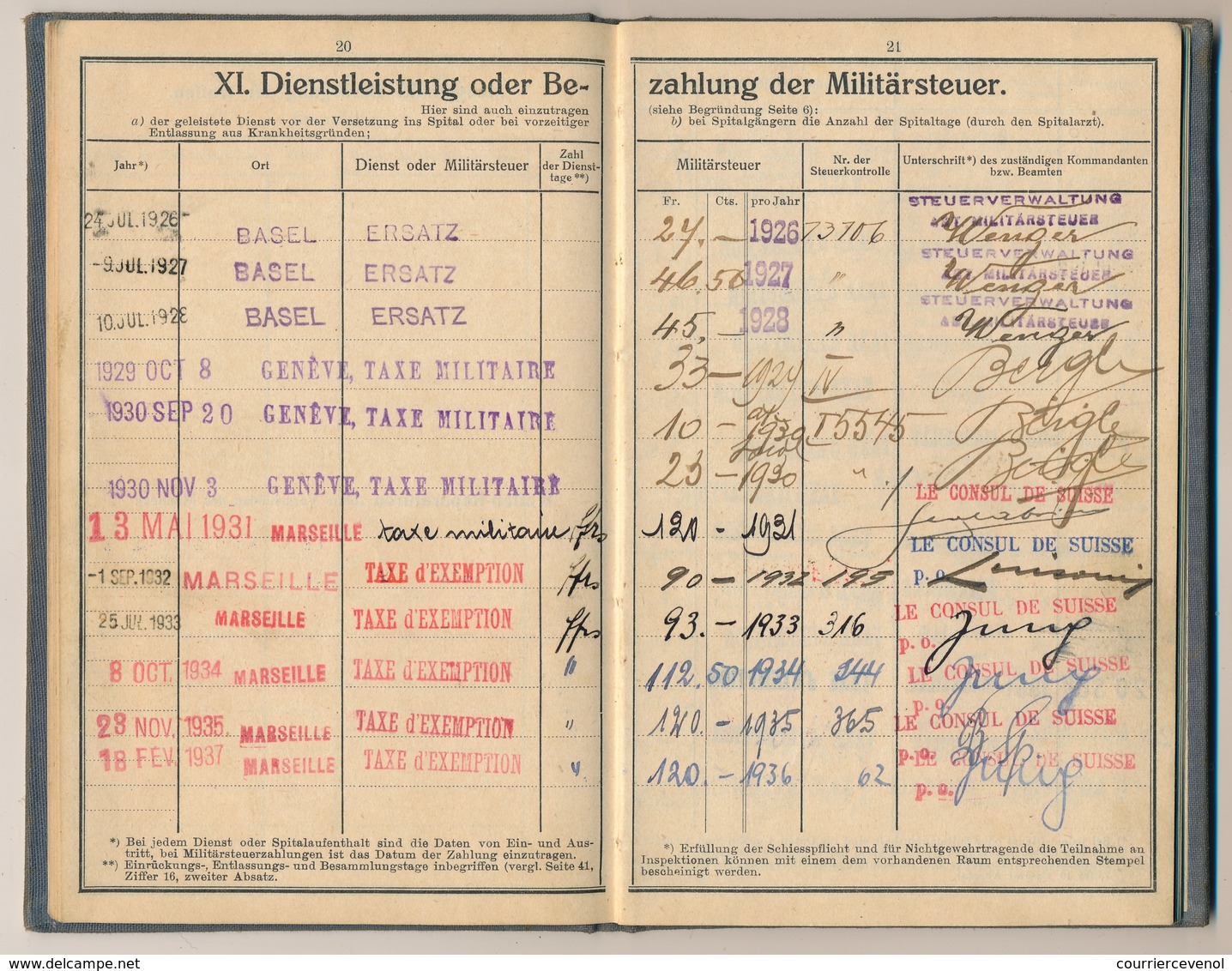 SUISSE - Livret Militaire (Diensbüchlein) 1926/27 Bâle - Mentions Taxe Militaire / Exemption Consul Marseille =>1954 - Documents