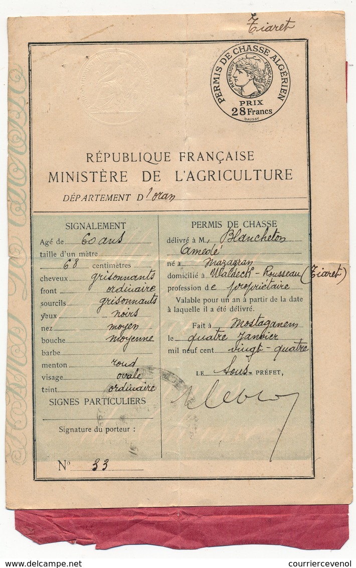 FRANCE / ALGERIE - Permis De Chasse Algérien 1924 + Autorisation De Chasser Dans Les Communaux TIARET - Documents Historiques