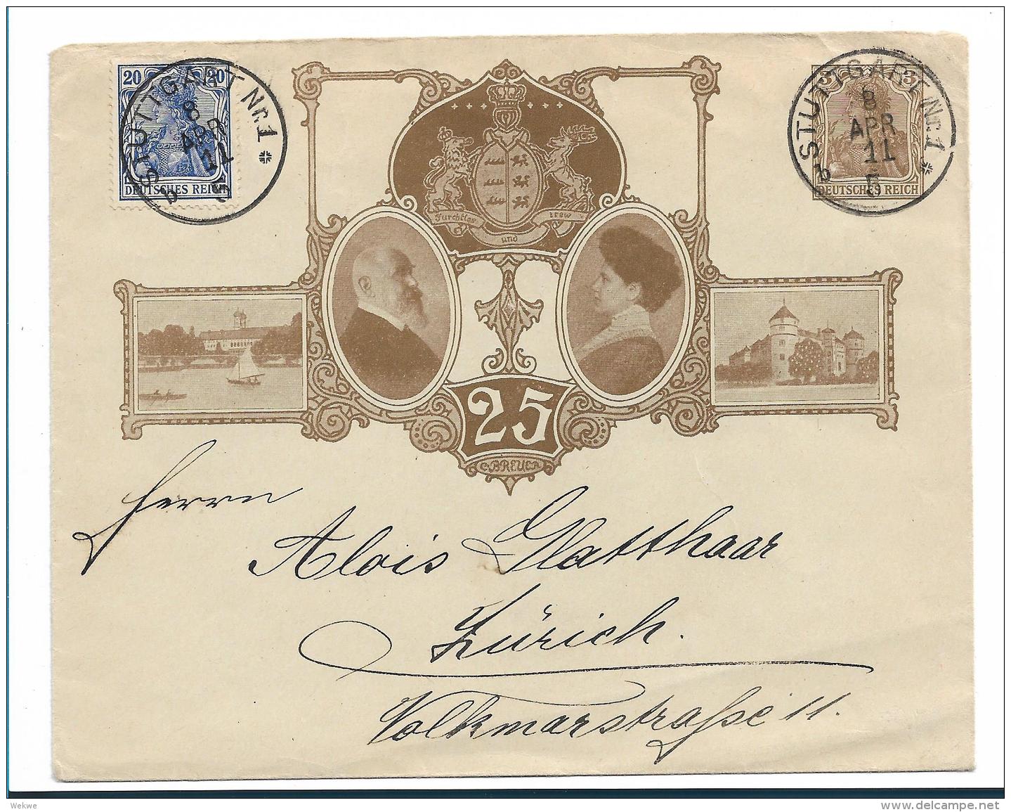 WTB003a  WÜRTTEMBERG- / Königliches Jubiläum 1911, Aufgewertet, Von Stuttgart Nach Zürich - Covers