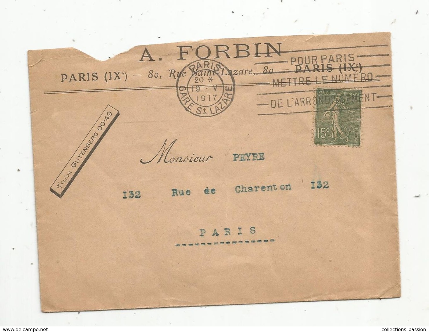 Lettre,1917 , PARIS ,  GARE ST LAZARE ,  A. FORBIN ,  80 Rue Saint Lazare - 1877-1920: Periodo Semi Moderno