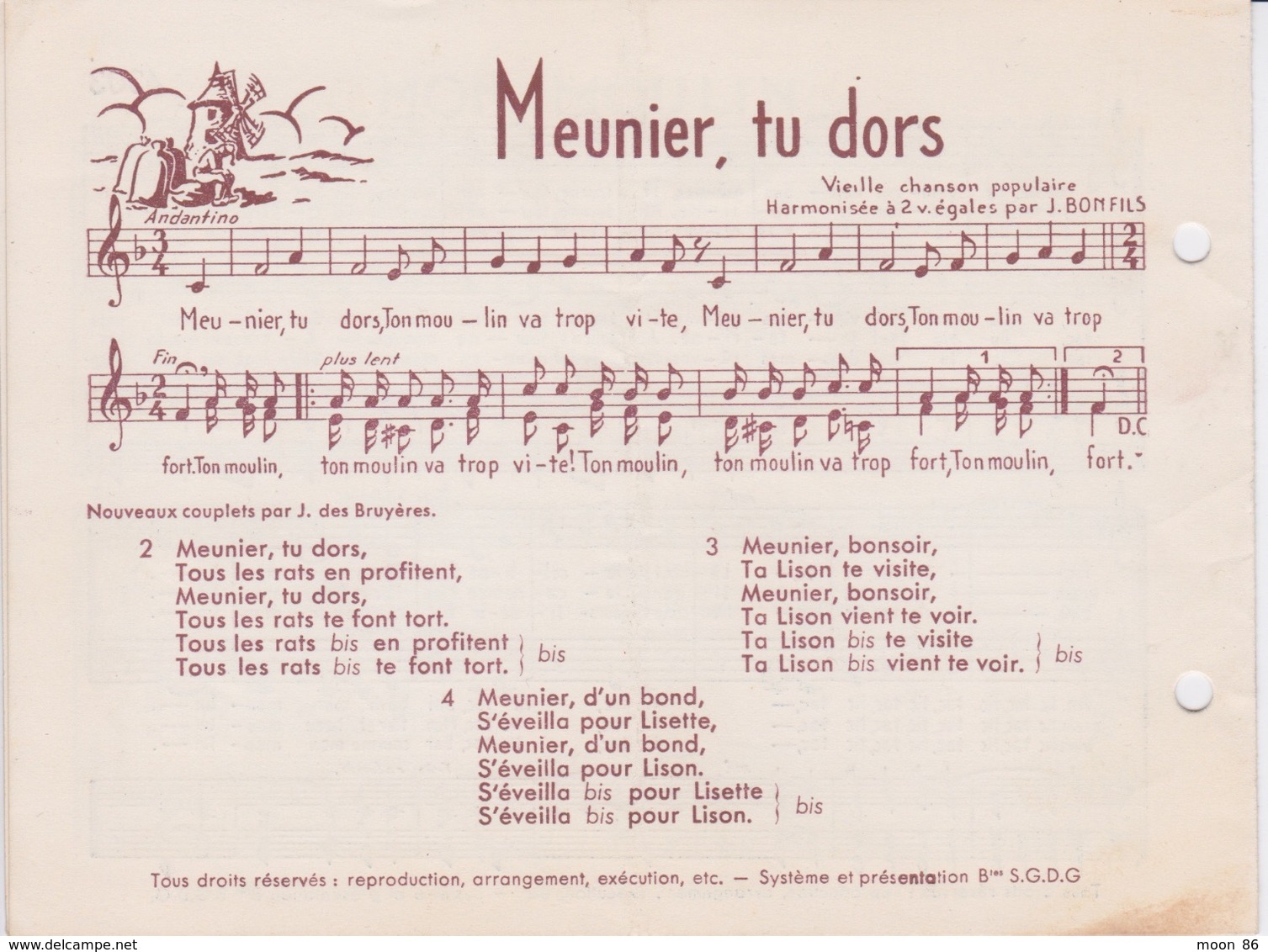 MON MOULIN - MEUNIER TU DORS - Partitions Musicales Anciennes