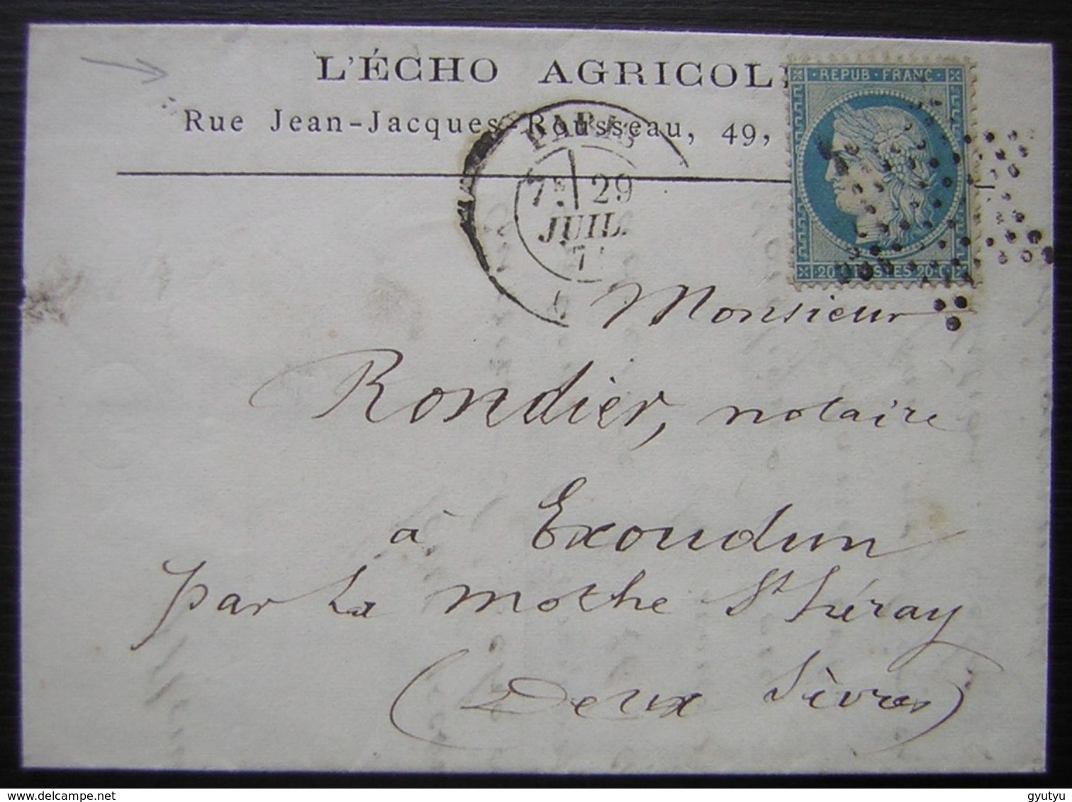 1871 Oblitération étoile Sur Lettre à En Tête De L'Echo Agricole (Paris) Pour Escoudun - 1849-1876: Période Classique