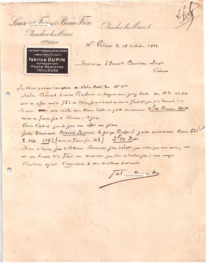 Document Du 26/10/1909 LAURENT Frères  Limes PROUTAT - FABRICE DUPIN Toulouse 31 - 1900 – 1949