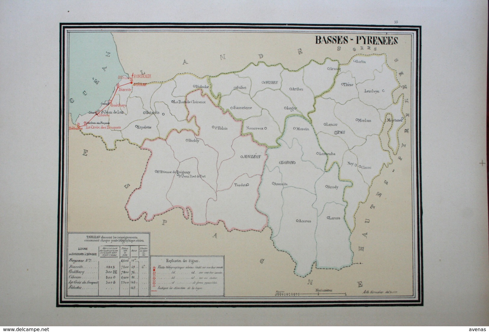 FRANCE Rare Carte Ligne Télégraphique Des BASSES PYRENEES Bordeaux Bayonne Atlas De Kermabon Télégraphe Aérien De Chappe - Documenti Storici